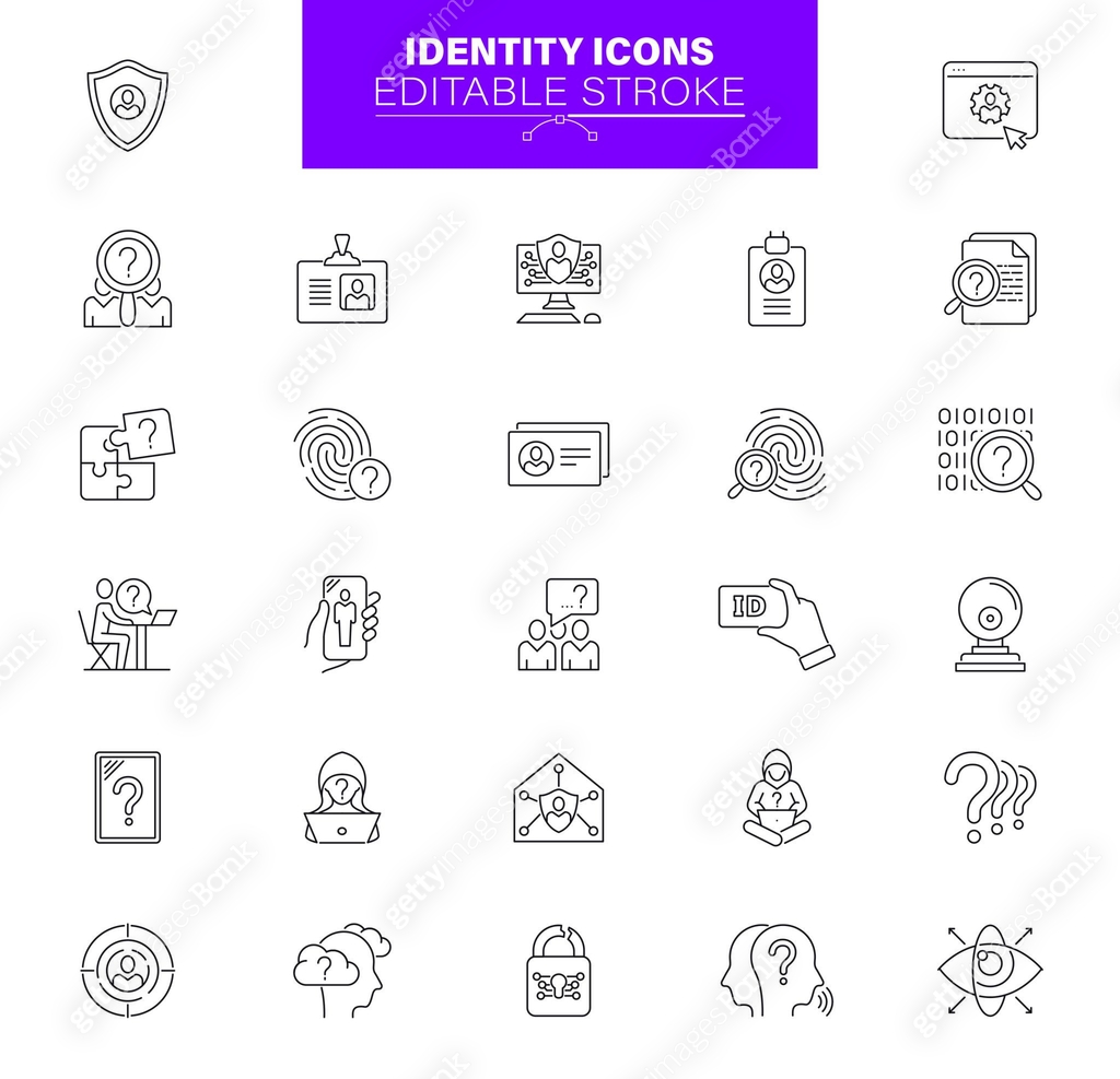 Identity Icons. Set contains icons as Biometric, Security, ID Card ...