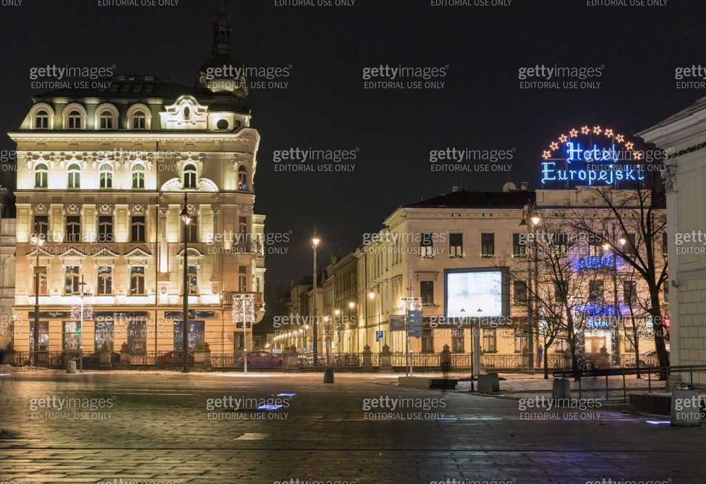 Hotel Europejski At Night In Krakow Poland 831196266 hotel-europejski-at-night-in-krakow-poland-831196266