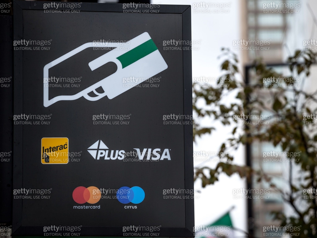 Sign on an ATM with the logos indicating the credit and debit pay cards ...