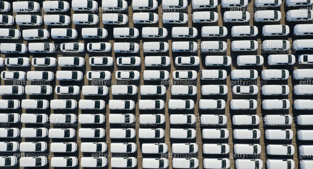 Aerial view from drone to automobile customs terminal. Large number ...