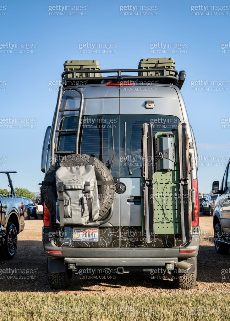 Merc Sprinter Back Ramp Back of Mercedes Sprinter 4x4 camper van with a spare tire, roof ladder ...