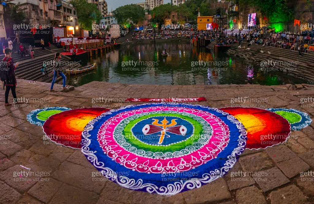 Pool Rangoli Colorful Rangoli at Banganga, One of holiest sites is this group of ...