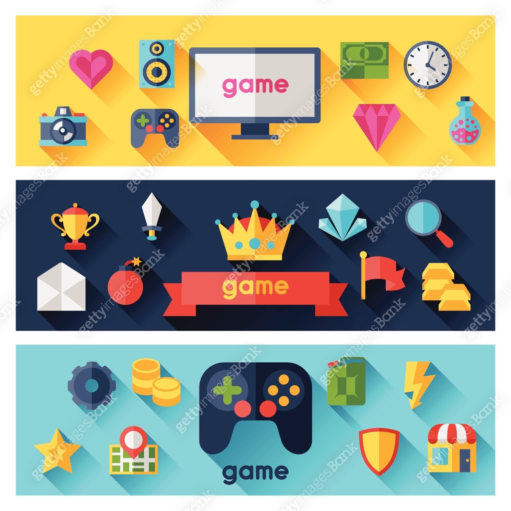 Horizontal banners with game icons in flat design style. 이미지 (511571133 ...