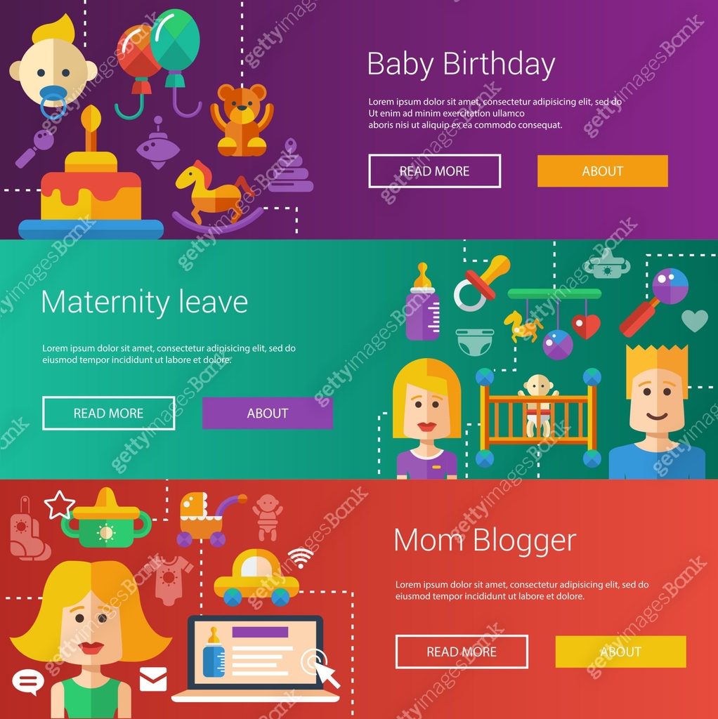 Set of baby, motherhood flat modern illustrations, banners, headers ...