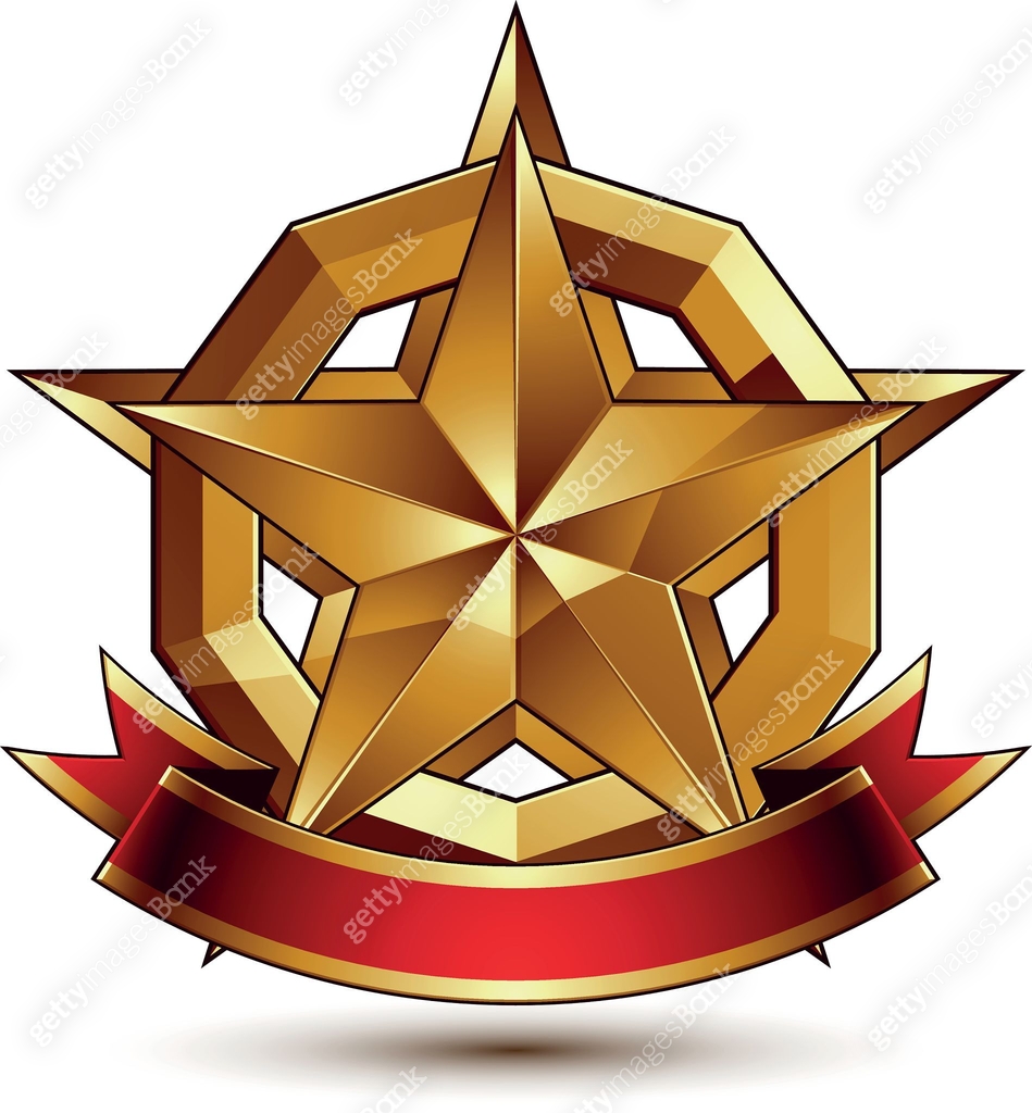 Pentagonal Ribbon Golden symbol with stylized pentagonal glossy star and red ribbon 이미지 ...