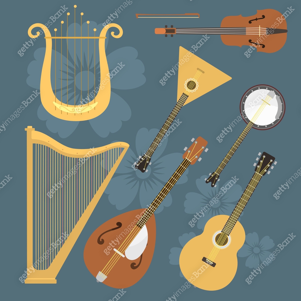 Set of stringed musical instruments classical orchestra art sound tool ...