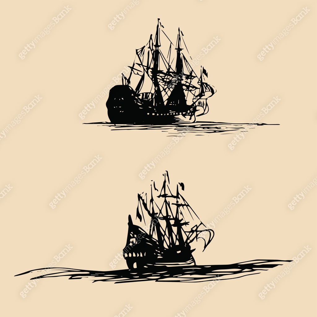 Vector set of sailing ships in the sea in ink line style. Hand sketched ...