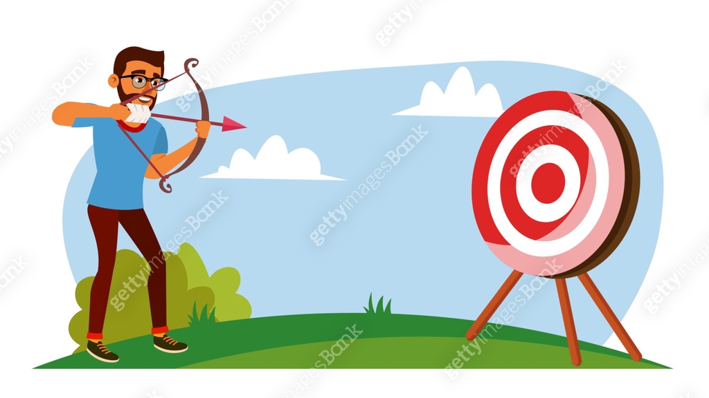 Attainment Concept Vector. Businessman Shooting From A Bow In A Target ...