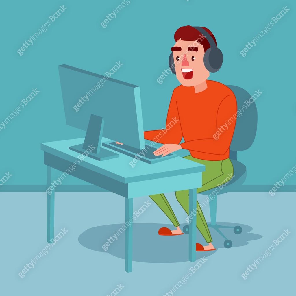 Happy Young Man with Headphones Playing Computer Game. Guy Gamer ...