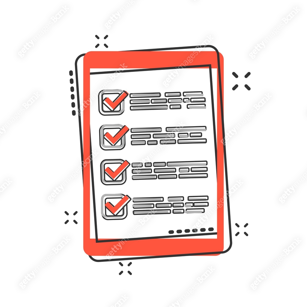 Vector cartoon checklist with tablet icon in comic style. Checklist ...