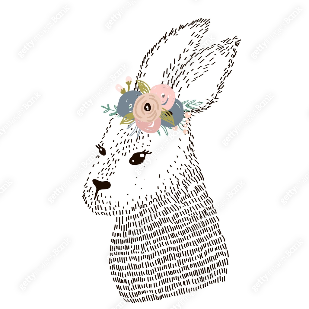 Cute ink drawn style rabbit girl with floral wreath in scandinavian ...