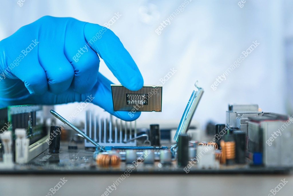 Close up of scientist hand holding computer microchip, Technology ...