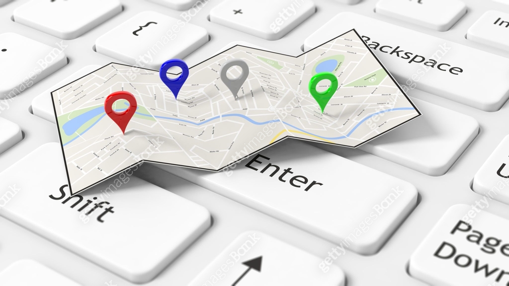 Map with colorful pointers set on white keyboard 이미지 (1027745572) 아이콘 ...