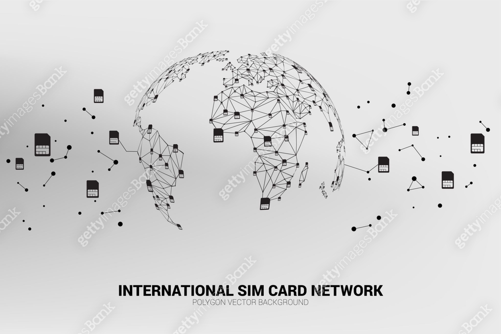 Vector Polygon sim card network connect line to world map shape. 이미지 ...