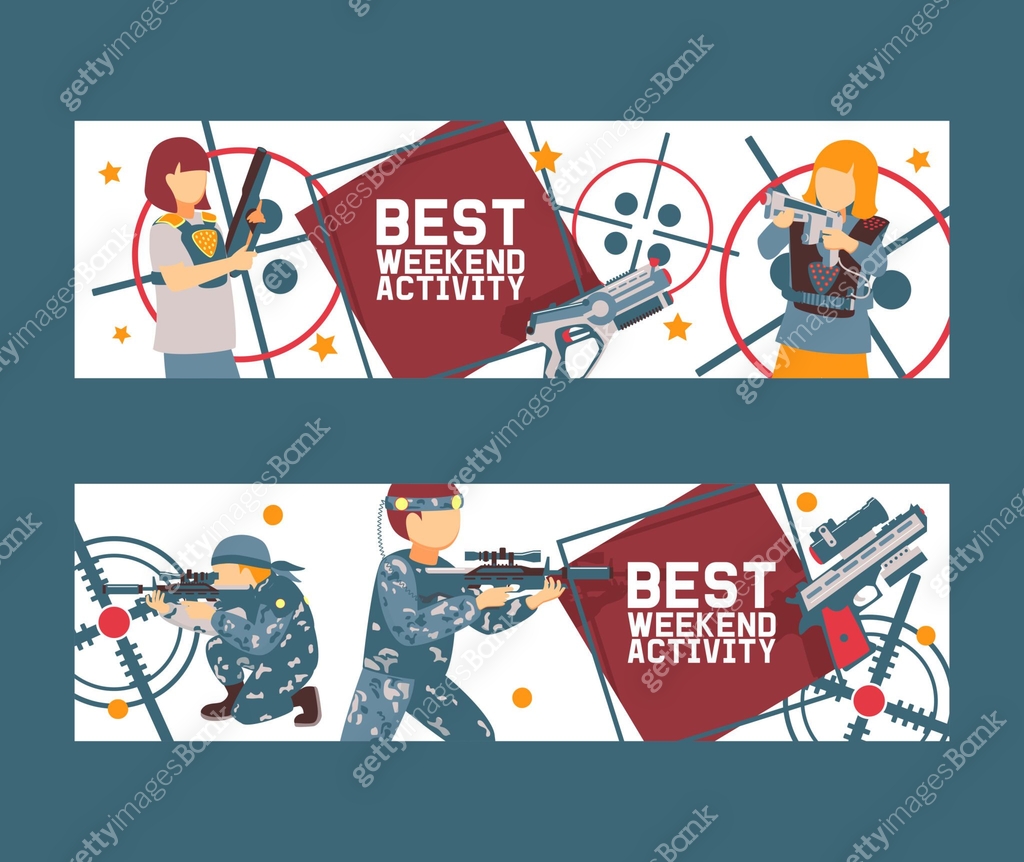 Time Trigger Banner Laser tag game set of banners vector illustration. Gun, optical sight ...