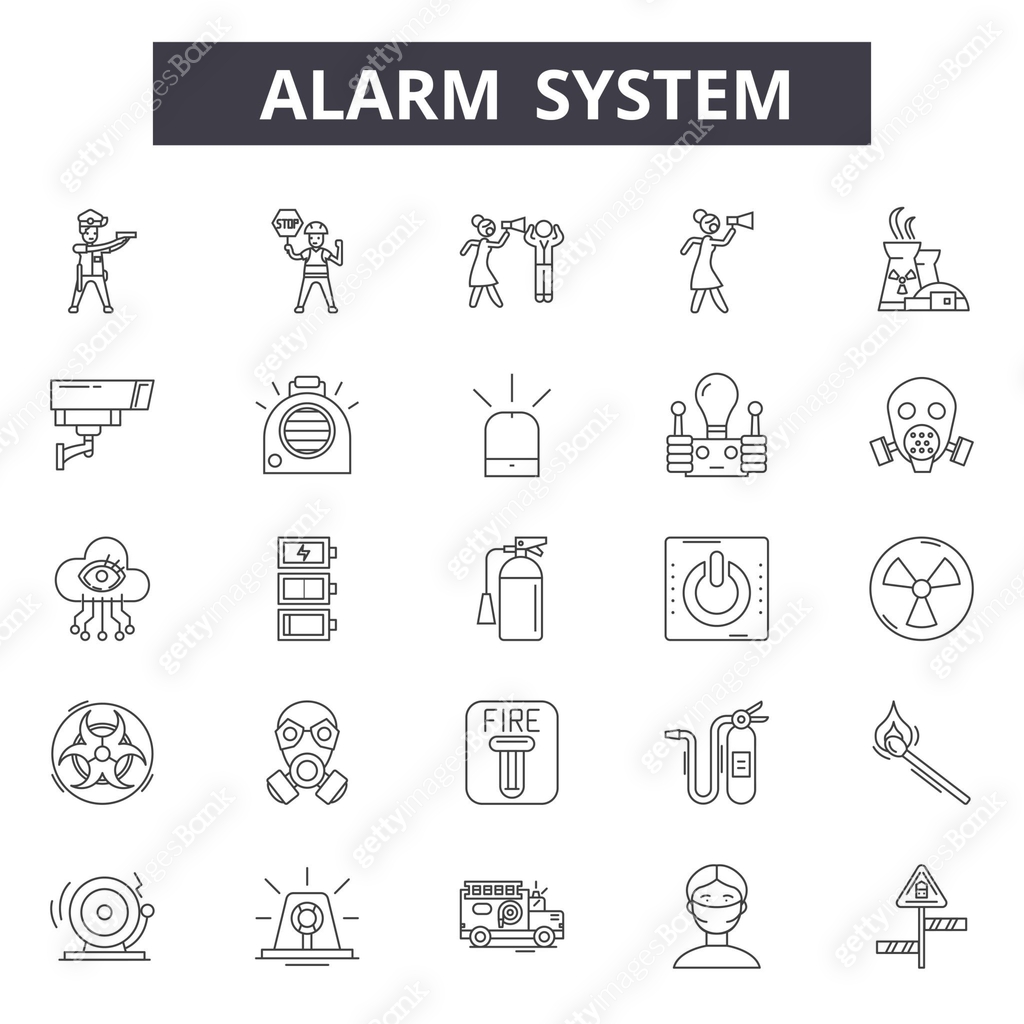 Alarms system line icons, signs set, vector. Alarms ystem outline ...