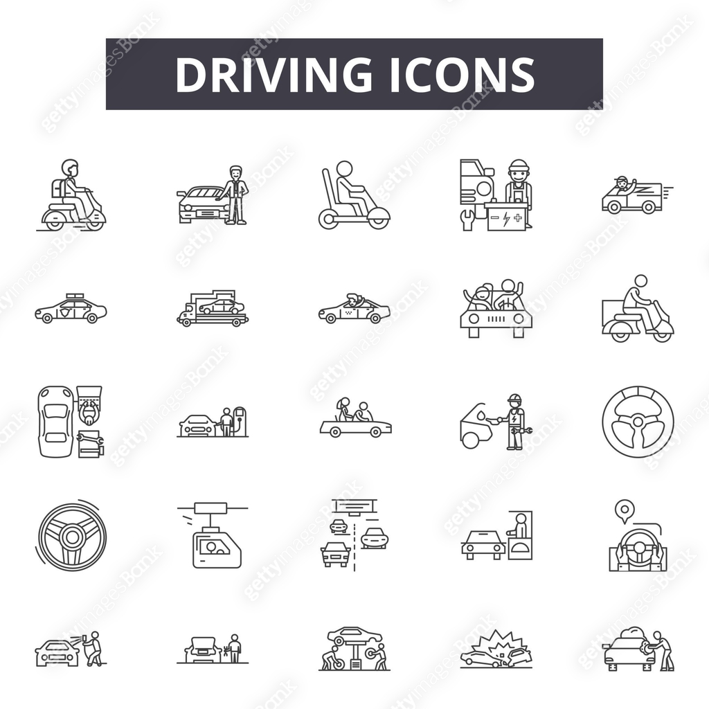 Driving line icons, signs set, vector. Driving outline concept ...