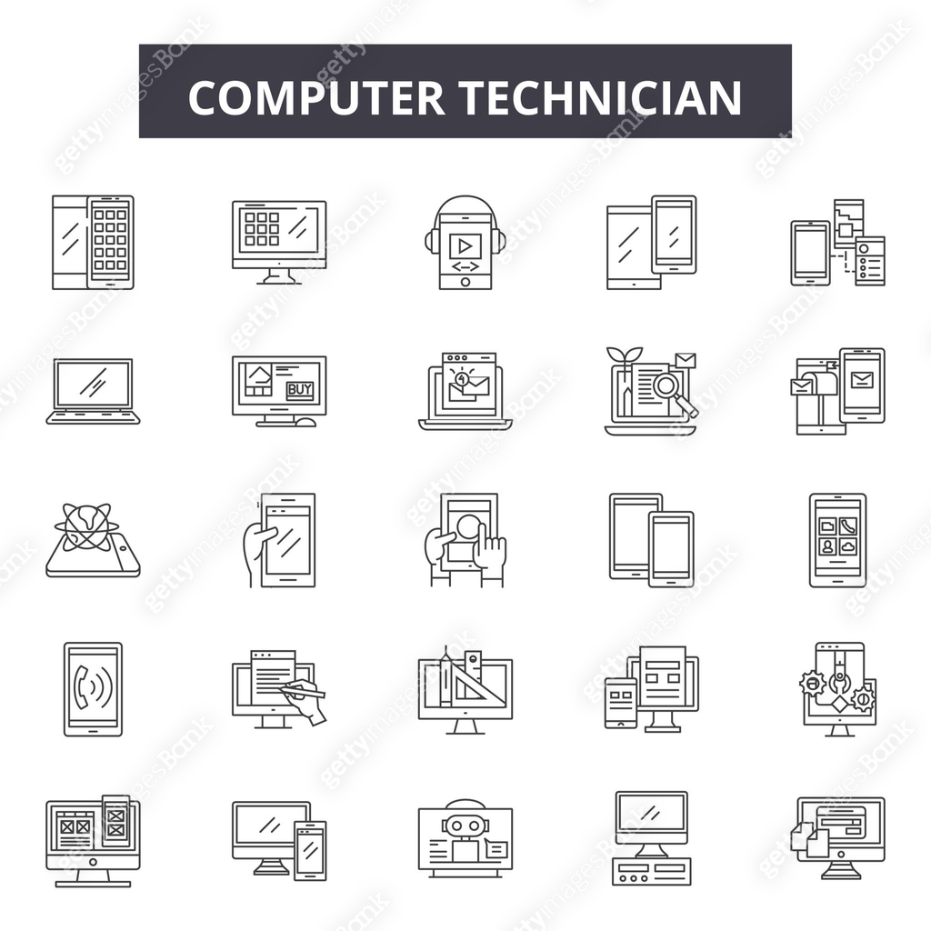 Computer technician line icons, signs set, vector. Computer technician ...