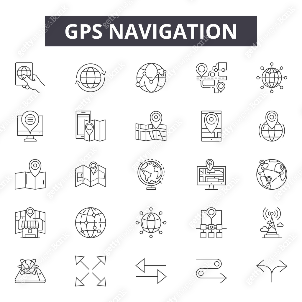 Gps Line Gps navigation line icons, signs set, vector. Gps navigation outline ...