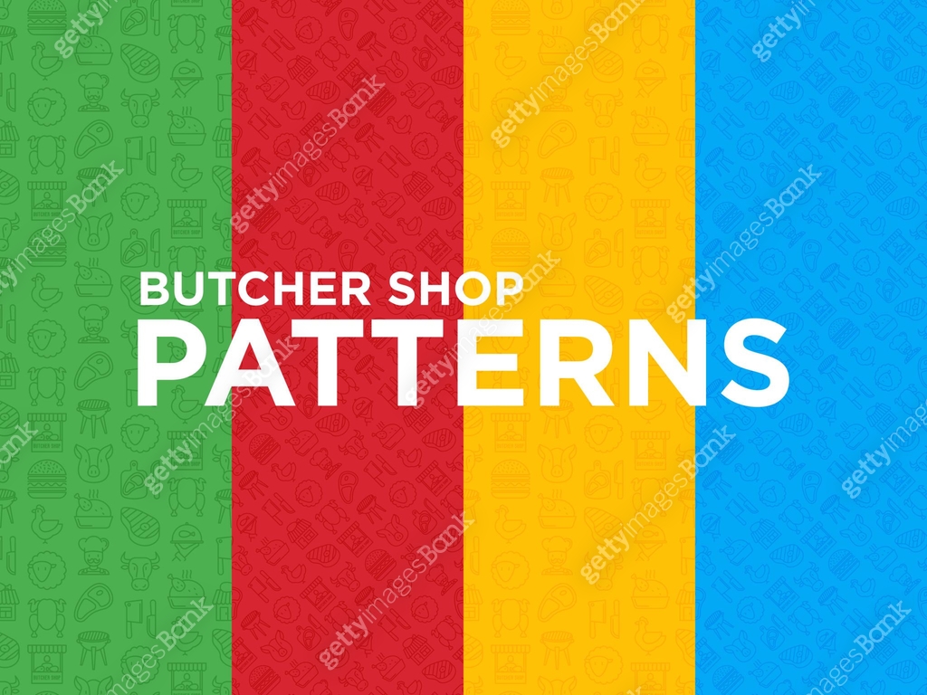 Four different butcher's shop seamless patterns with thin line icons ...