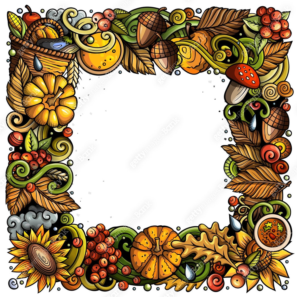Fall Frame Decor Vector Cartoon cute doodles hand drawn Autumn frame design. All items are ...