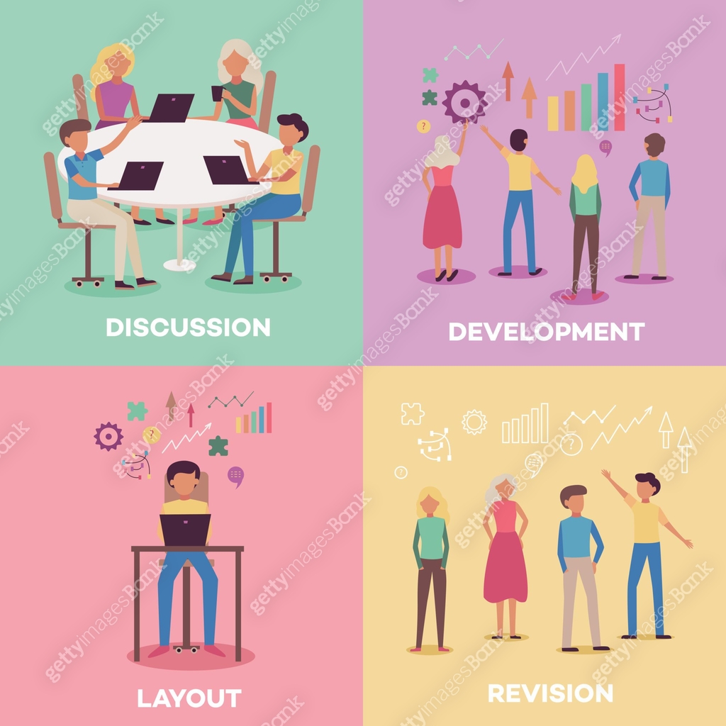 Process Development Banner Photo Business development process banners set with team working on common ...