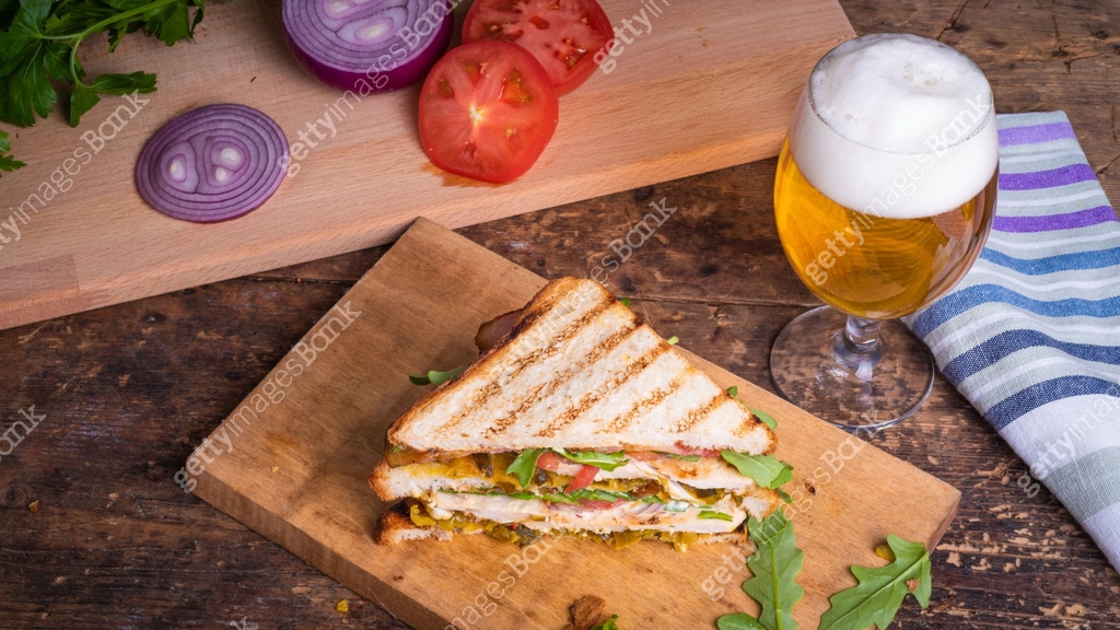Tasty triangular sandwich made from toasted bread with chicken breast ...