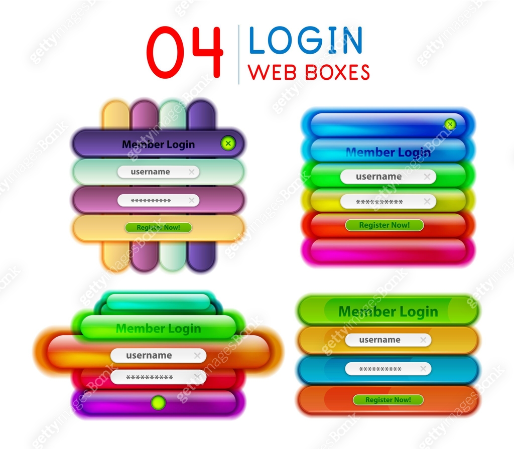 Set of login menu web interface templates with buttons and sample text ...