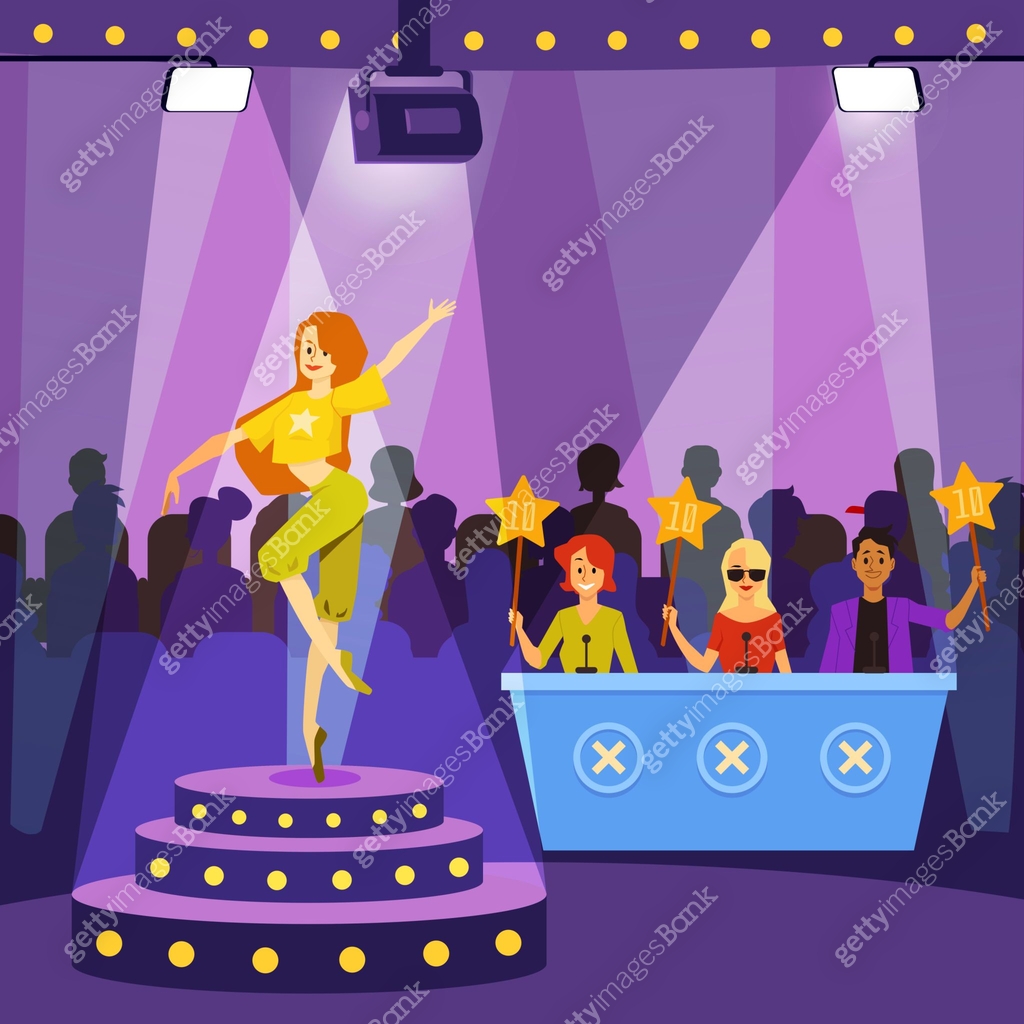 Pre Performance Routine Cartoon Talent show performance scene with cartoon characters flat vector ...