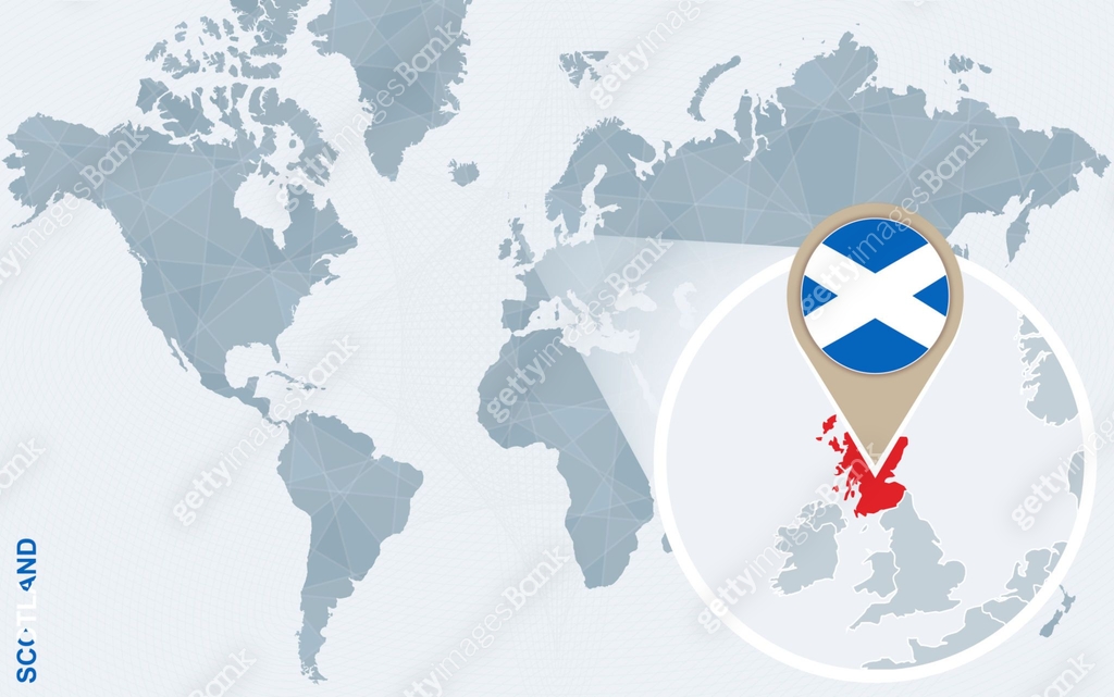 Abstract blue world map with magnified Scotland. 이미지 (1234679730) 일러스트 ...