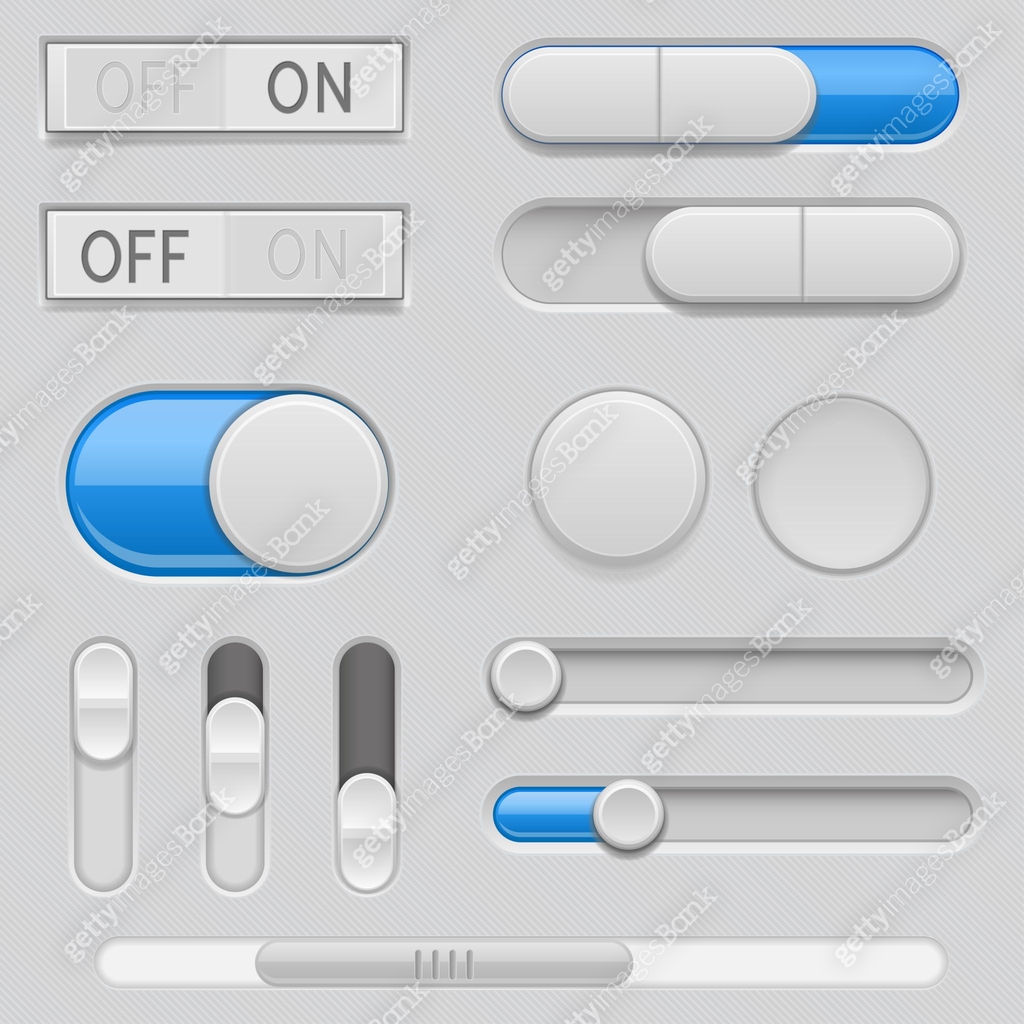 Gray web buttons with blue design elements. Push buttons, toggle switch ...