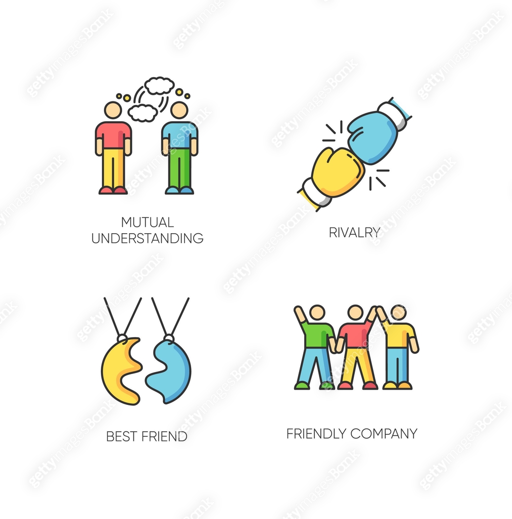 Friendship types RGB color icons set. Mutual understanding, rivalry ...