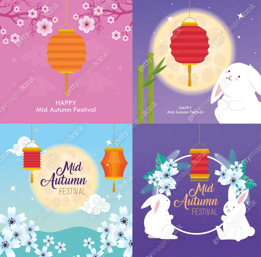 Mid Autumn Rabbit Design frames with rabbits and lanterns of happy mid autumn festival vector ...