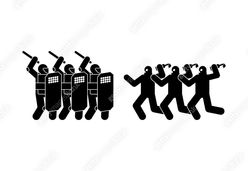 Riot police and protesters. Sign Street protests. Preventing overthrow ...