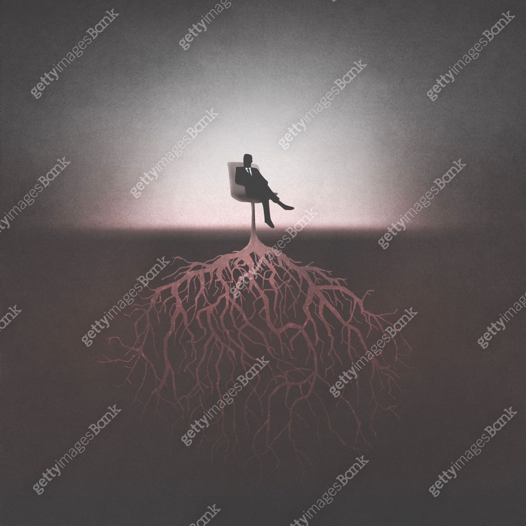 powerful dark man, growing roots under his armchair, surreal concept ...