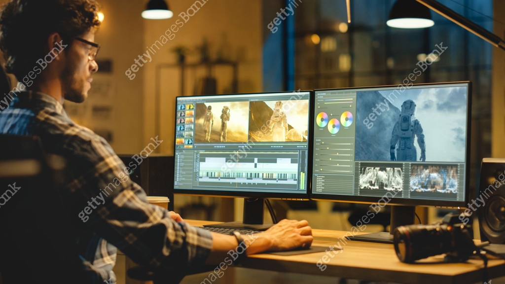 Late Evening Creative Office: Professional Videographer Works on ...