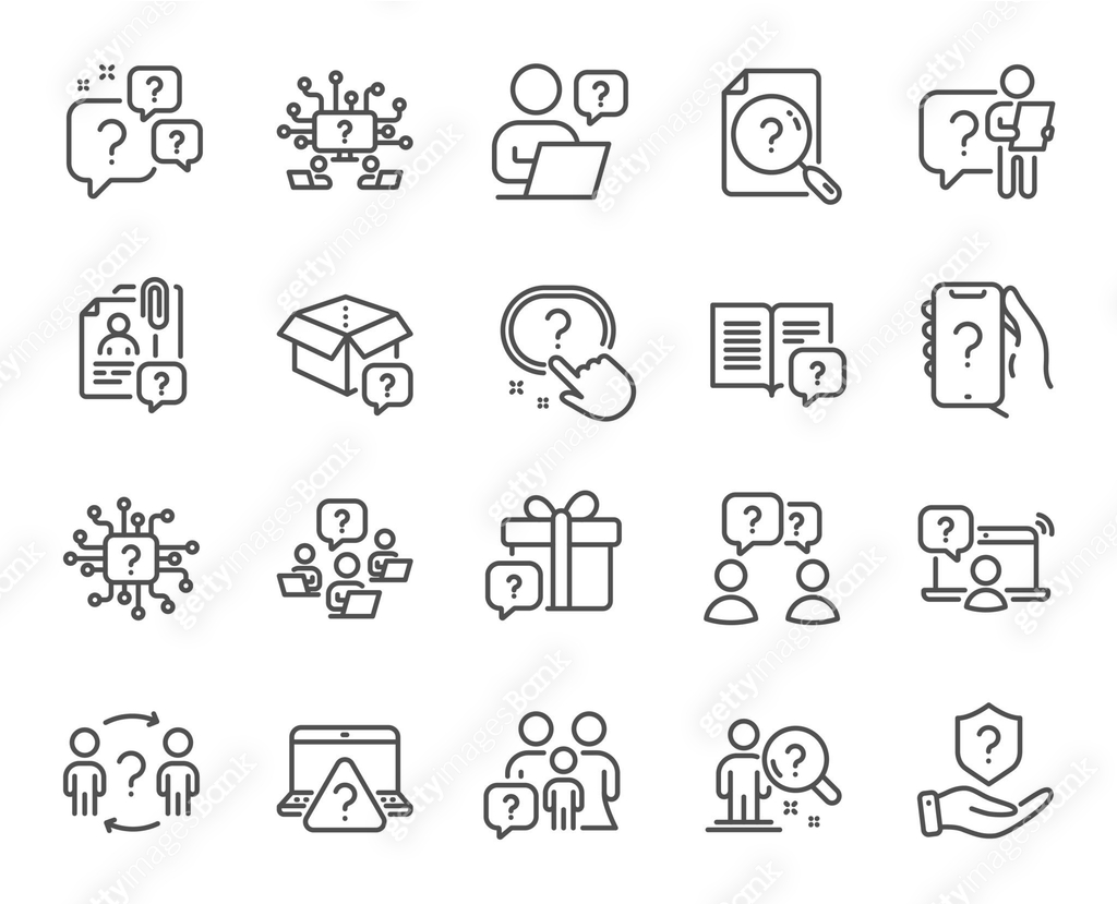 Questions line icons. Artificial intelligence computer, phone with ...