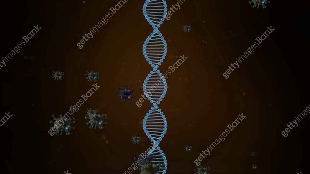 3D animation of rotating DNA strand surrounded and attacked by alien ...