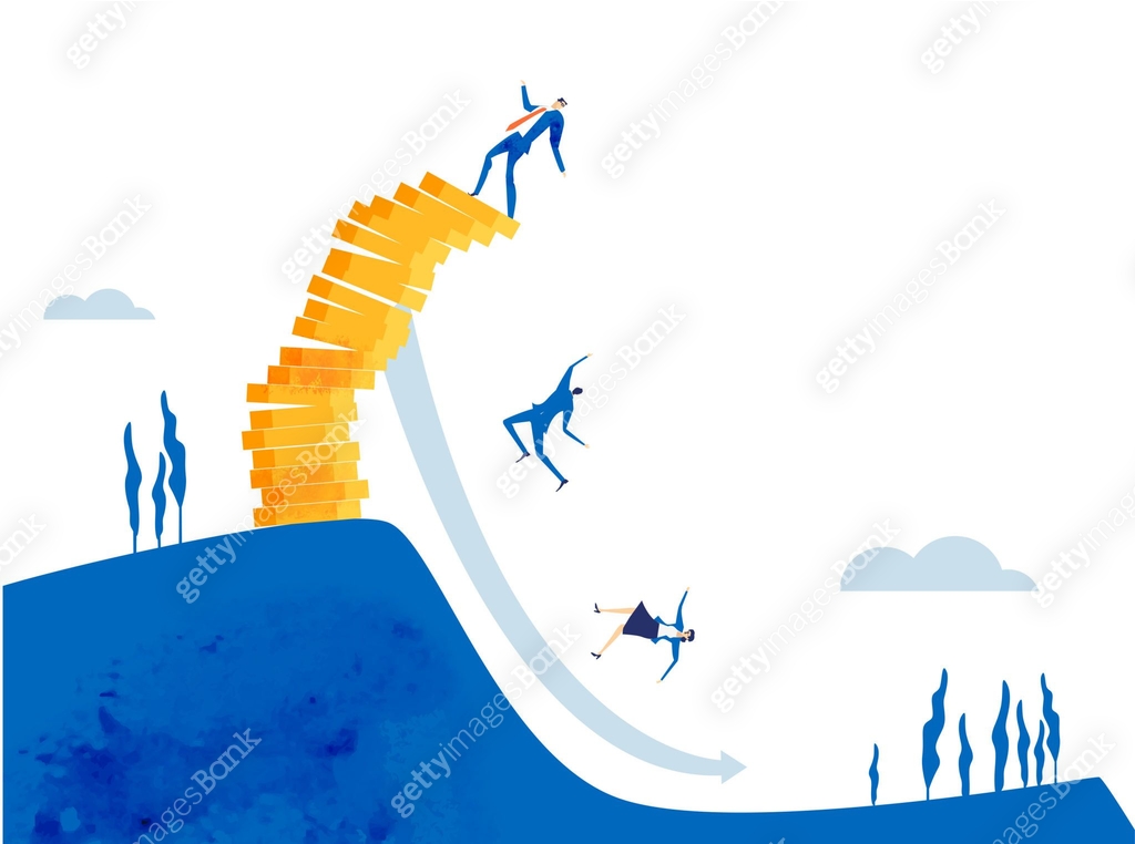 Problem Fall Into Business people falling down from stack of coins as symbol of economy ...