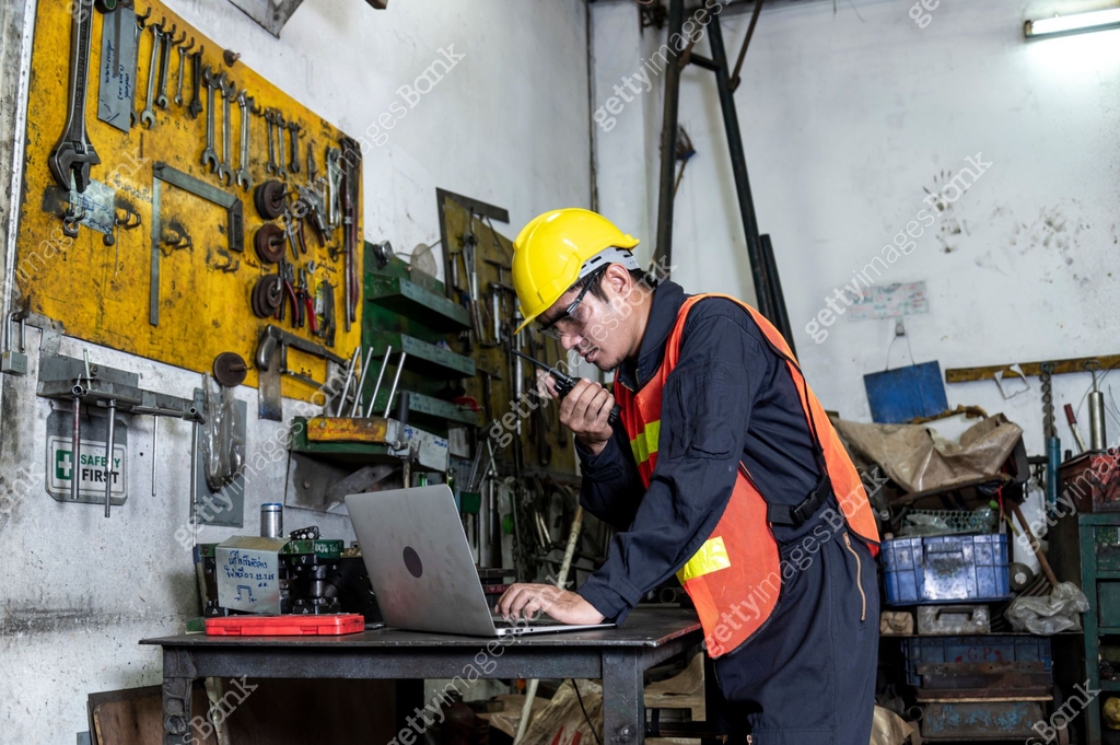 Engineer Calling System Engineer talking radio communication call machine Engineer and working ...