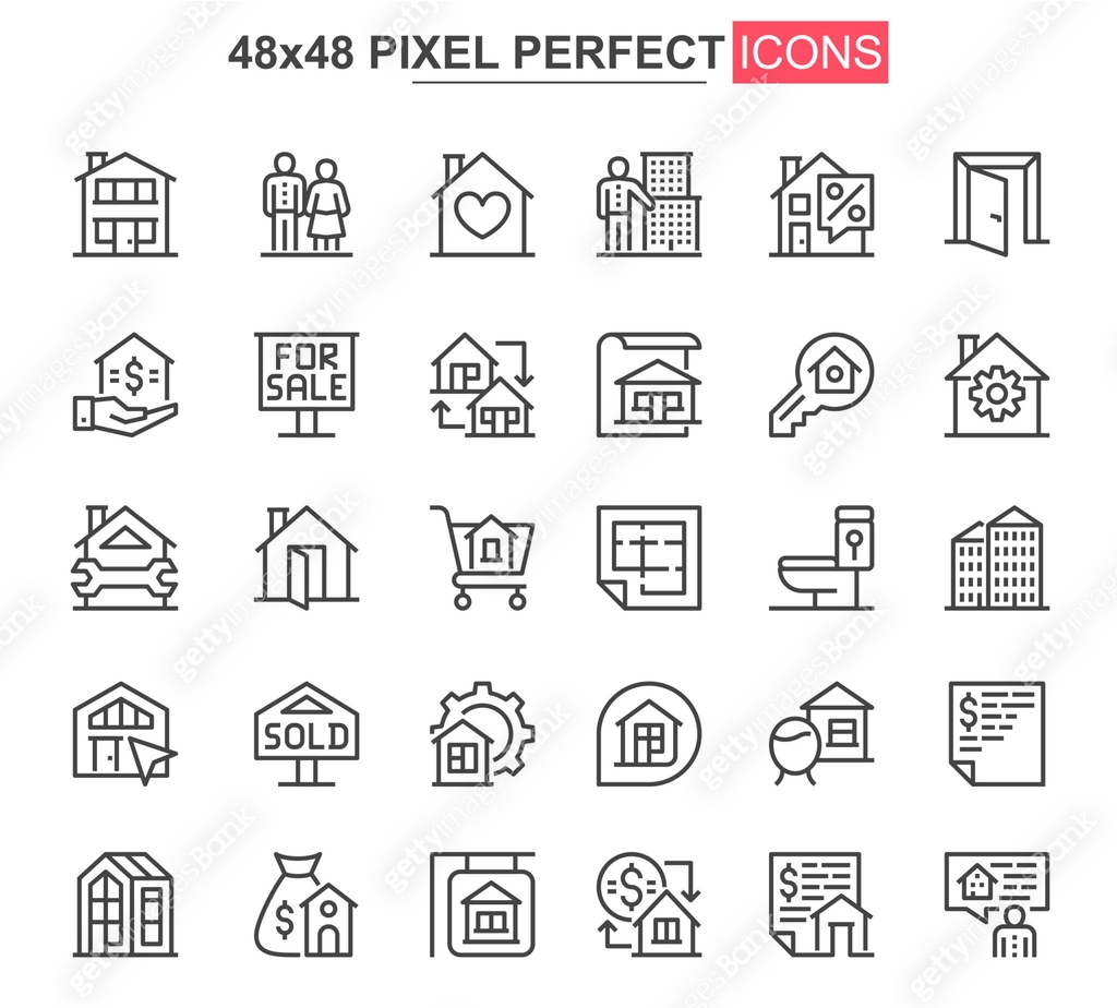 Building Rentals Icon Real estate thin line icons set. Commercial and residential building ...