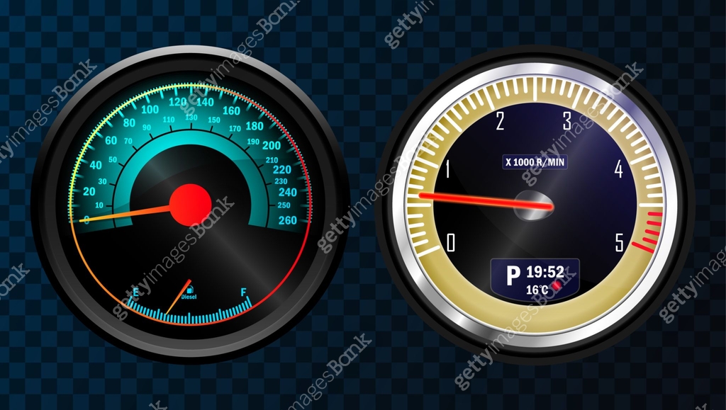Car speedometers for dashboard. Realistic sensor panel with arrows ...