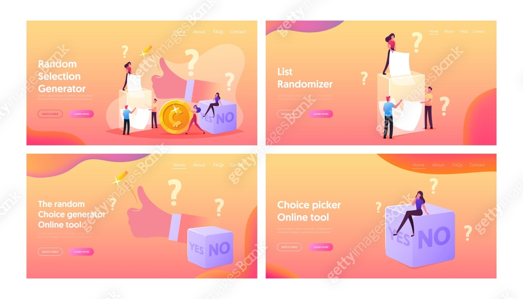 Random Selection Landing Page Template Set. Tiny Characters Throw Coin ...