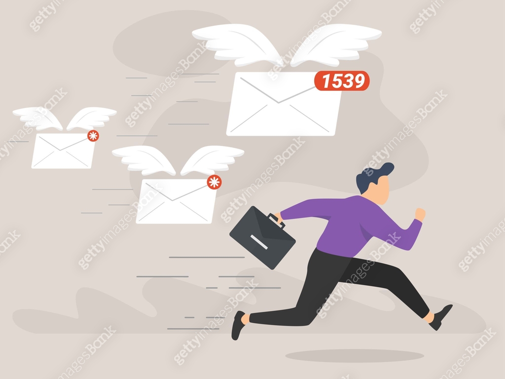 Less Chasing Emails A frightened businessman is running away from a plenty emails chasing ...