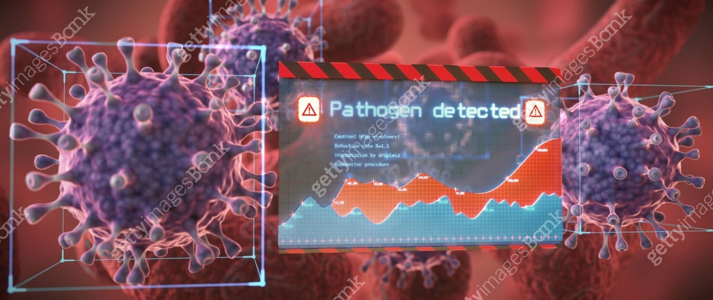 Virus pathogen cells under magnification with digital infographics ...