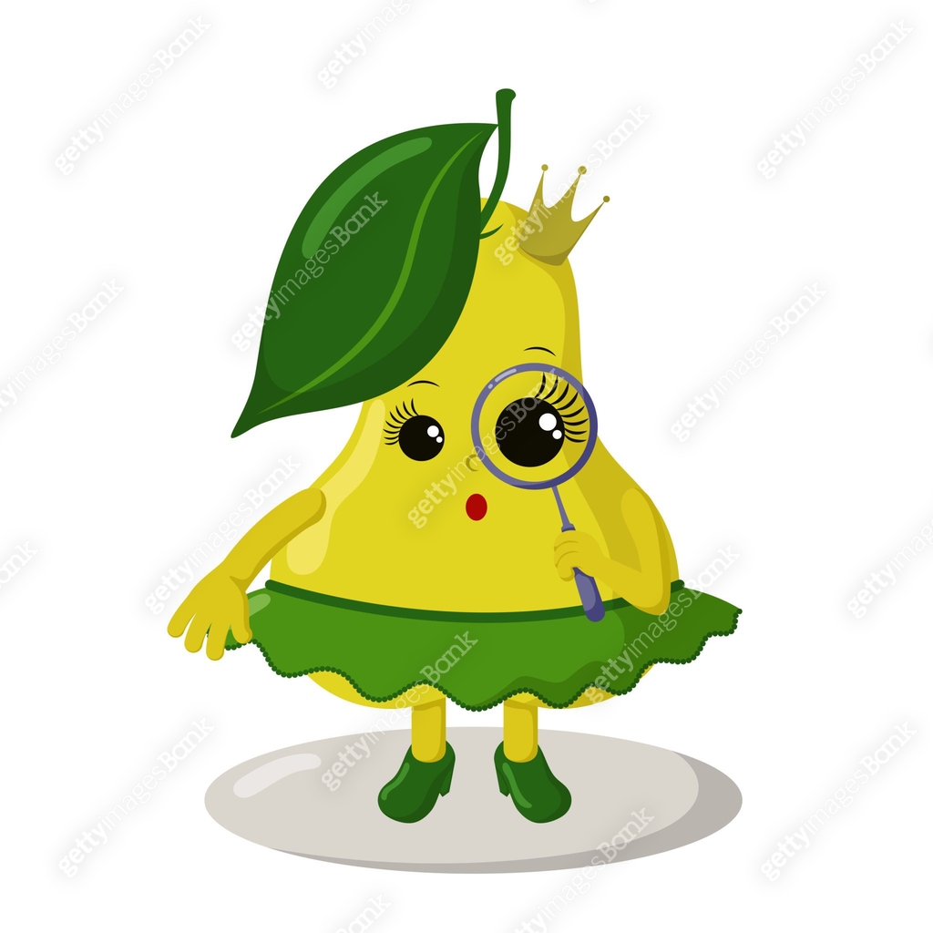 Princess Pear Cute surprised kawaii pear princess with magnifying glass, crown, skirt ...