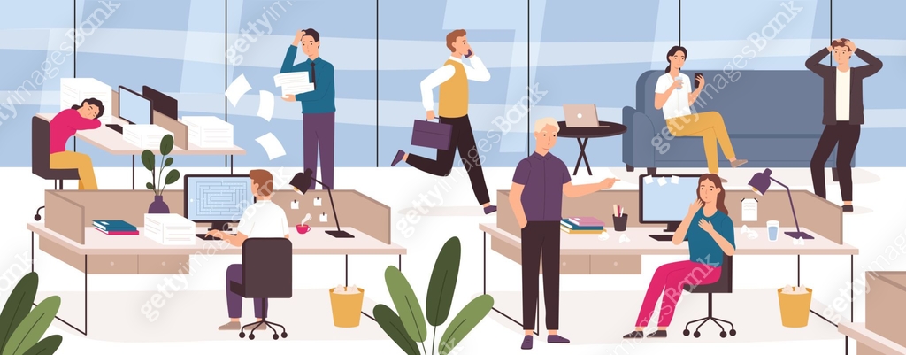 Problematic Worker Chaos in office. Work place with stressed, lazy, sleeping or panicing ...
