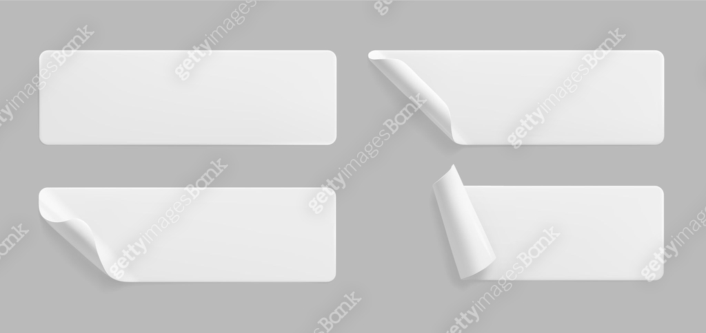 White glued rectangle stickers with curled corners mock up set. Blank ...