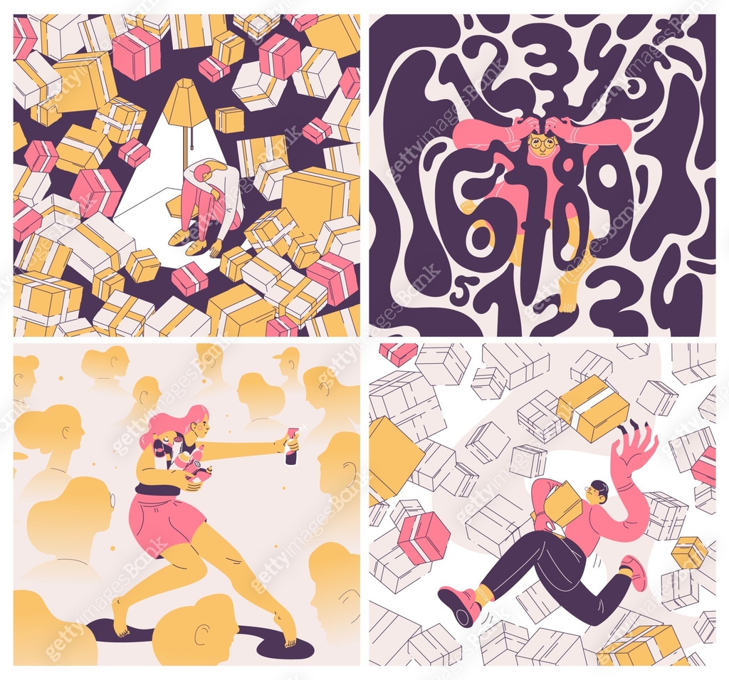 Compulsing Collecting Concept square illustrations with people suffering from OCD. Pink ...