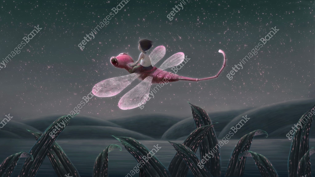 Imagination fantasy scene boy riding giant dragonfly in the night ...